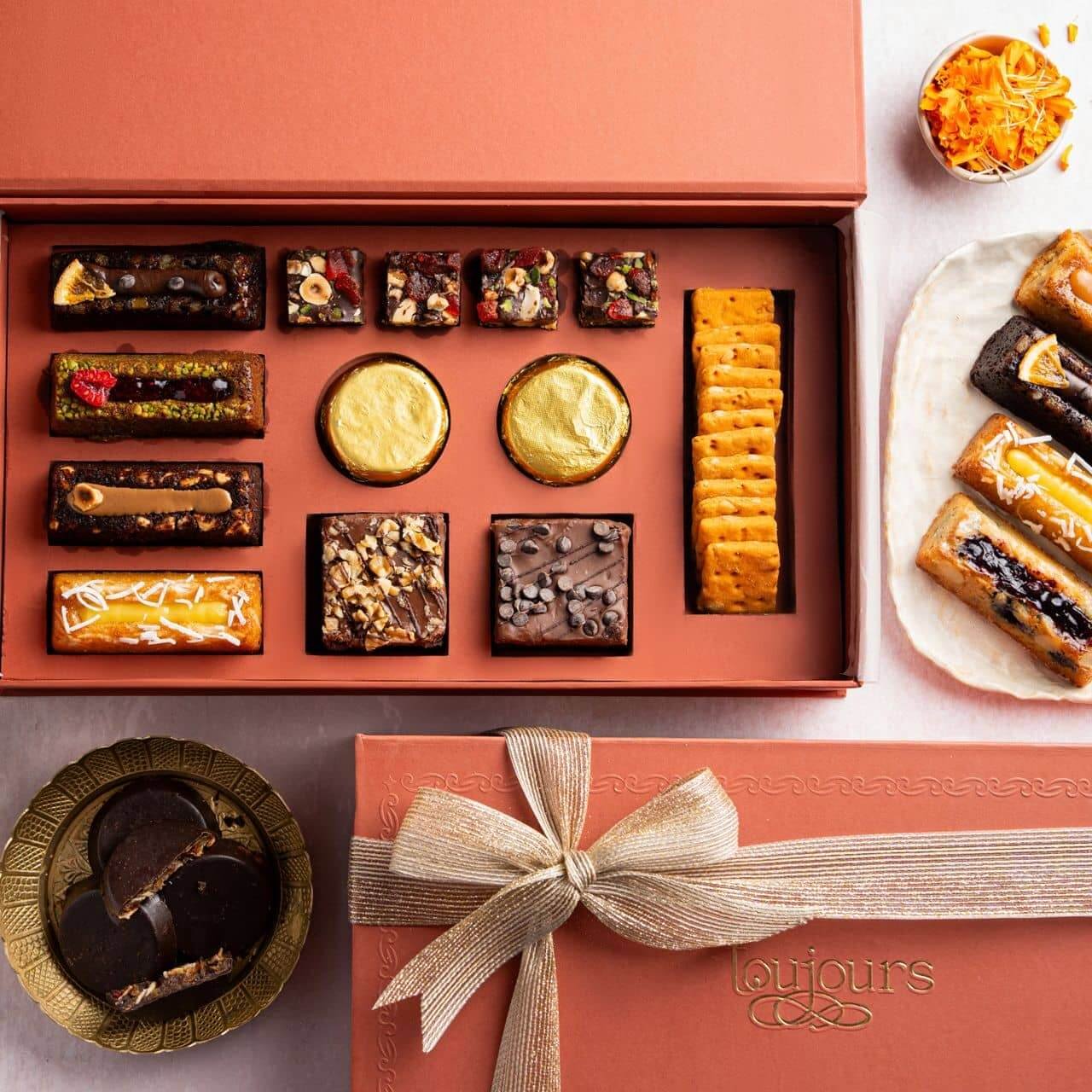 Gourmet treats arranged in a gift hamper